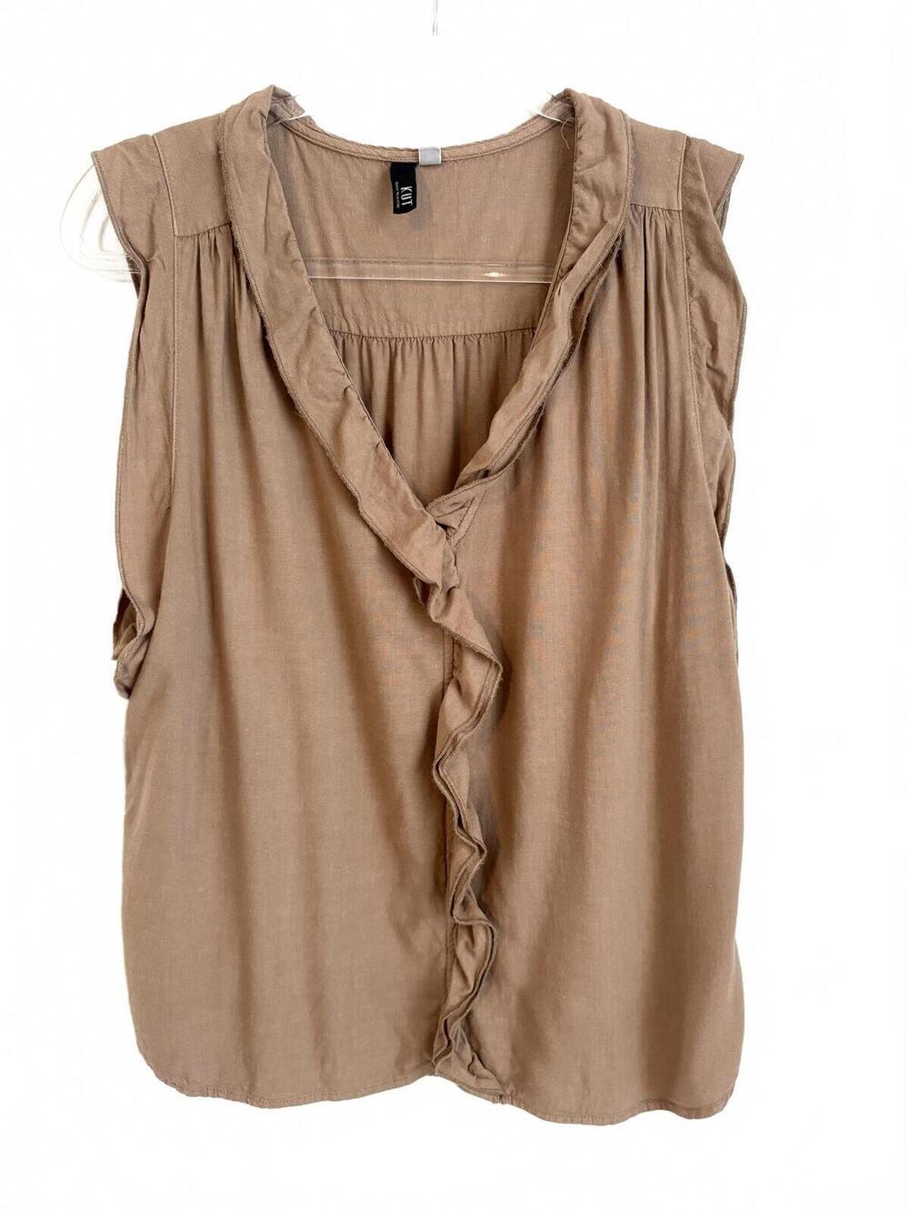KUT from the Kloth | Sleeveless Beige Linen Blend  Shirt Ruffle V Neck Size L